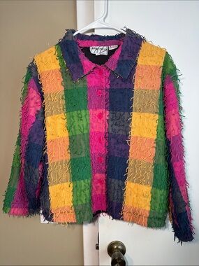 90’s Retro SilverStream Shaggy Shirt Jacket Size M 100%Cotton Patchwork Fringe